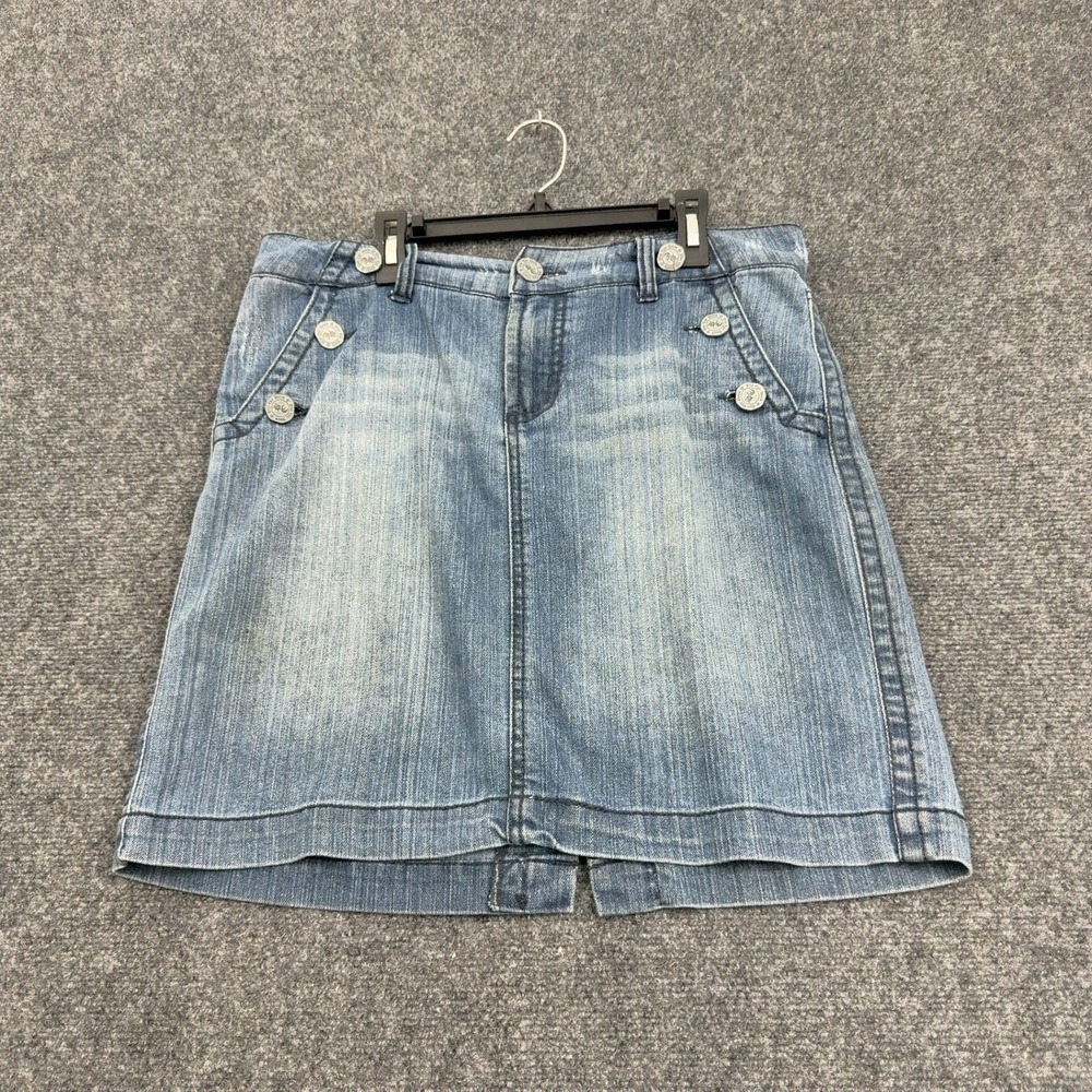 Blue Epic Denim Skirt Womens 8 Blue Cotton Blend Sailor Button Y2K Casual Mini